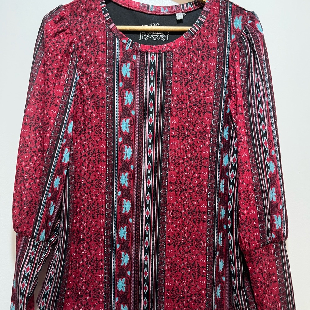 Panhandle Women’s Blouse Pullover Western Aztec Sheer Lined Turquoise Red Medium